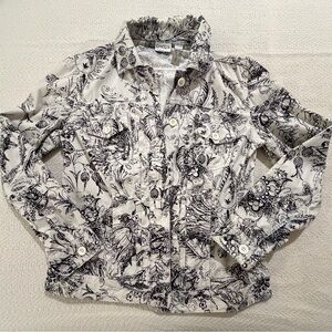 Chico's Paisley Print Denim Jacket Button Front Long Sleeve Black/White Size 0